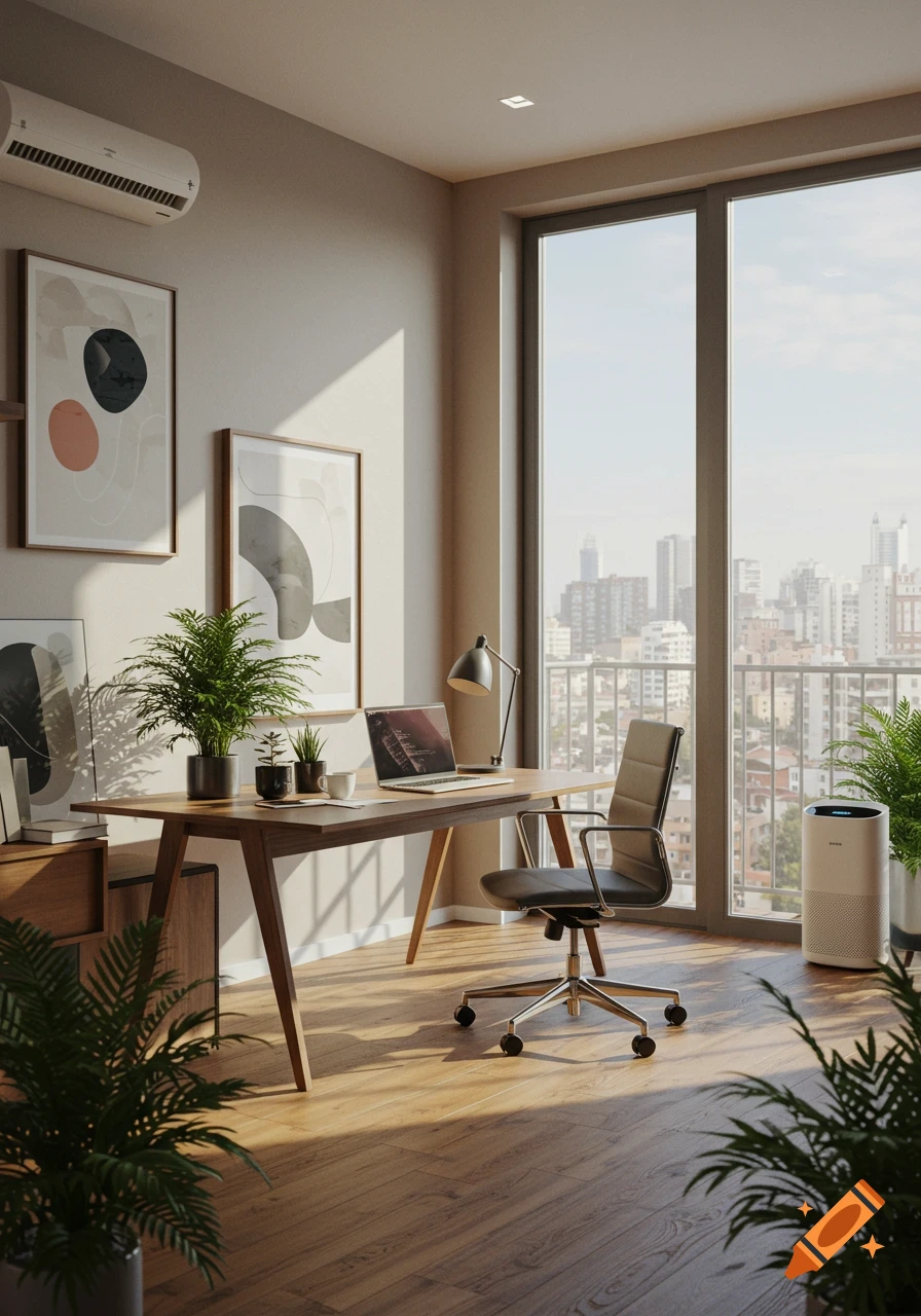 A modern home office with a wooden desk, office chair, plants, and a laptop, overlooking a city skyline through large windows. Photorealistic.