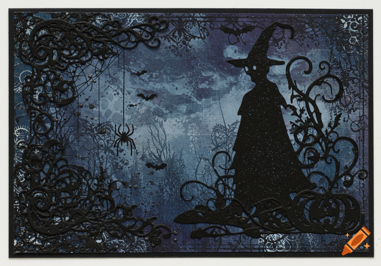 A glittery black witch silhouette, bats, and spider on a dark blue patterned background with intricate scrollwork, in a Halloween scrapbooking style.
