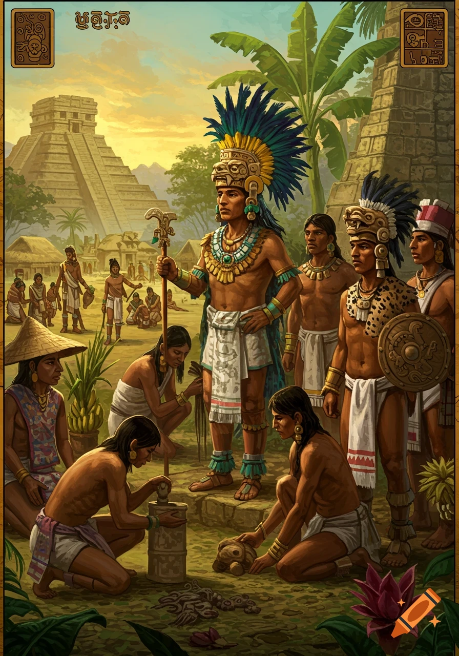 A vibrantly detailed illustration of a Mayan ruler with a feathered headdress and staff, surrounded by villagers and ancient pyramids at sunset.