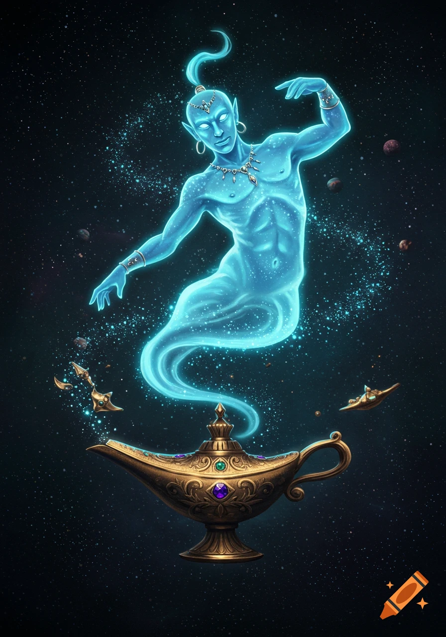 A glowing blue genie with jewelry emerges from a golden ornate lamp into a starry space background.