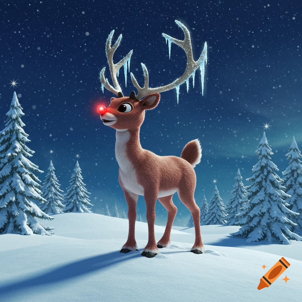A cartoon reindeer with a glowing red nose and icicles on its antlers stands in a snowy forest at night.