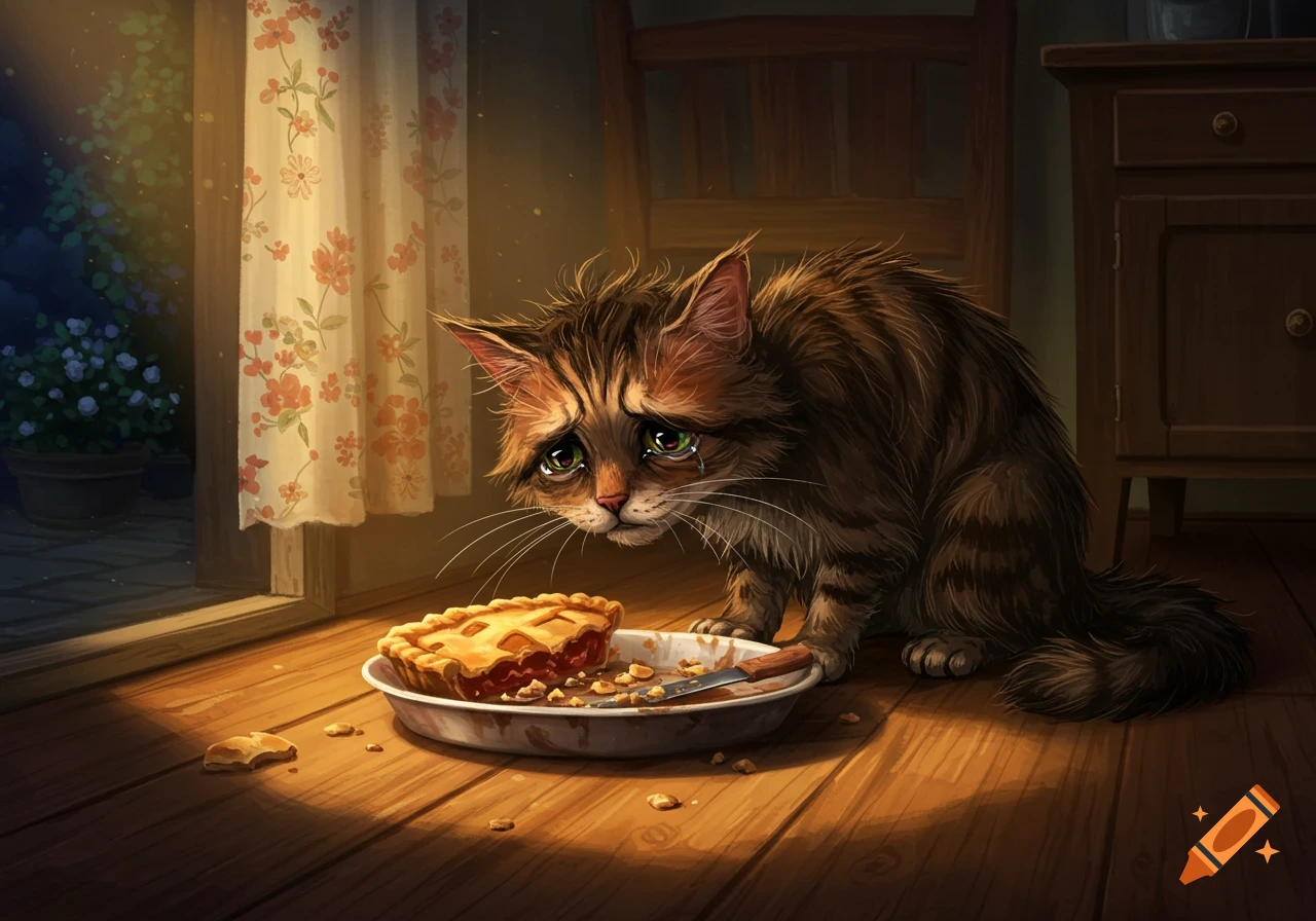 A sad, crying tabby cat sits on a wooden floor next to a half-eaten cherry pie and knife, depicted in an illustrative style.