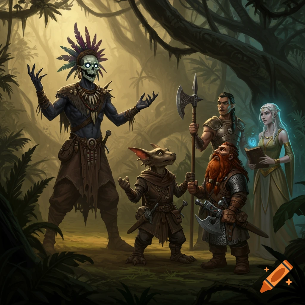 A skeletal shaman with a feathered headdress confronts a party of adventurers (a kobold, a dwarf, a human, and an elf) in a jungle.