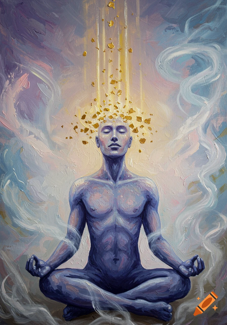 An oil painting of a blue-skinned figure meditating, with golden light and flakes erupting from their head amidst swirling mist.