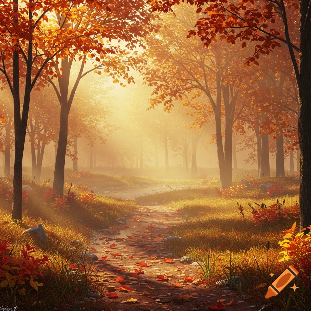 A sunlit forest path in autumn with trees covered in orange and red leaves, surrounded by misty golden light.