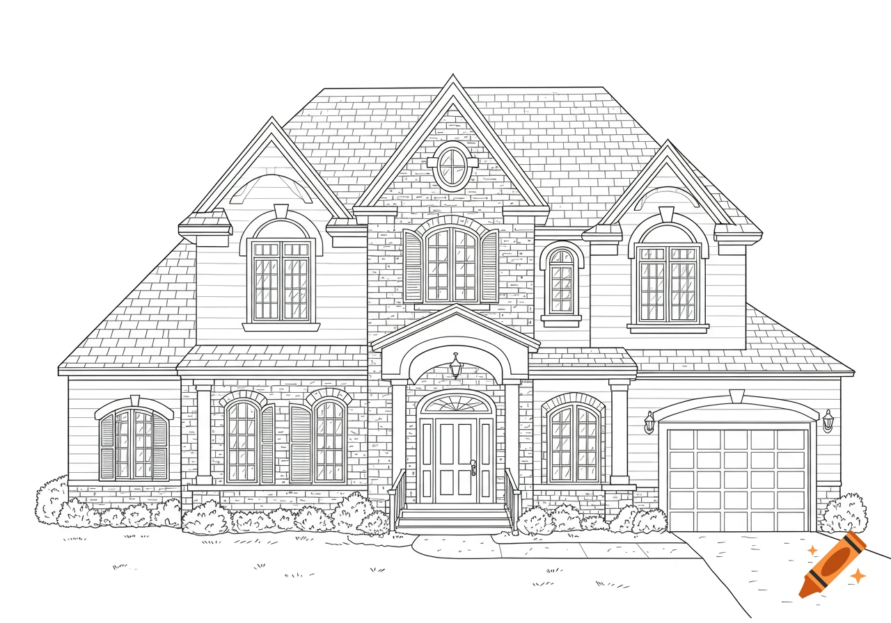 A detailed black and white line drawing of a large suburban house with multiple windows, a front porch, and an attached garage, designed as a coloring page.