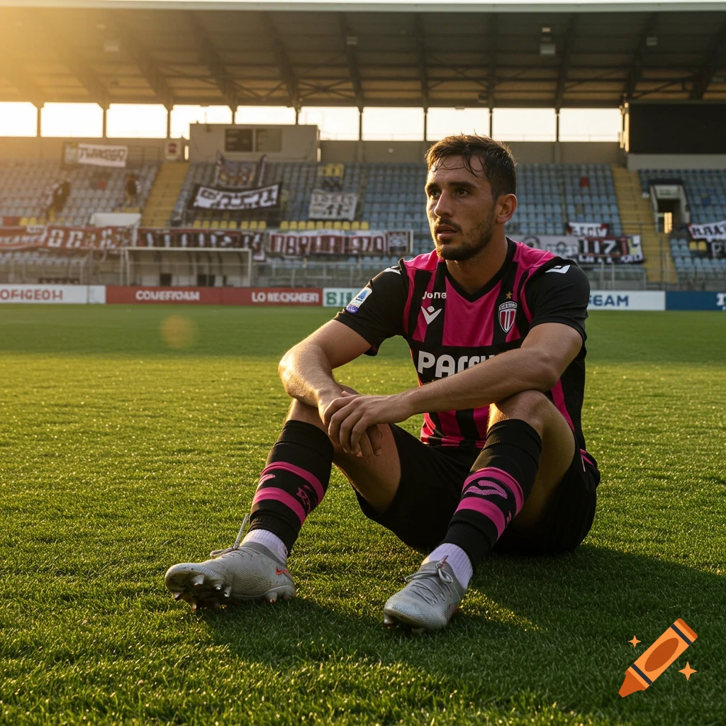 A photorealistic image of a male footballer in a pink and black Palermo F.C. jersey sitting on green stadium grass at sunset.