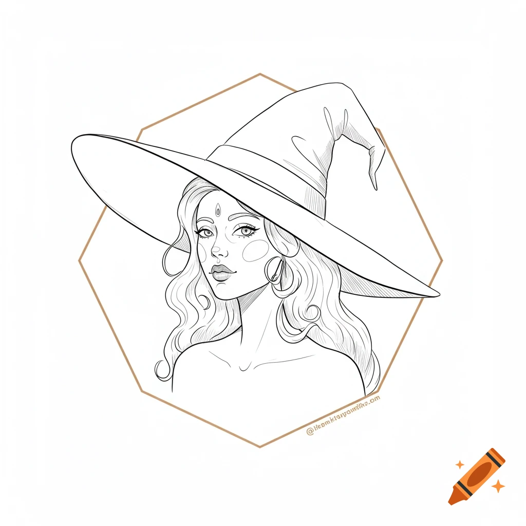 Line art illustration of a witch in a pointy hat, with long wavy hair, inside a hexagon.