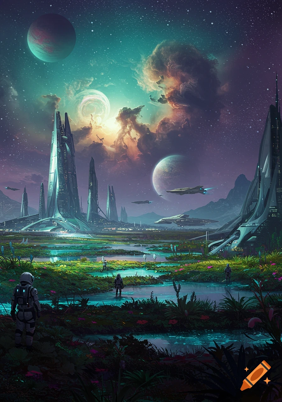 A vibrant sci-fi landscape featuring a futuristic city with tall spires, astronauts exploring a lush alien planet, and spaceships flying under a sky with multiple planets.
