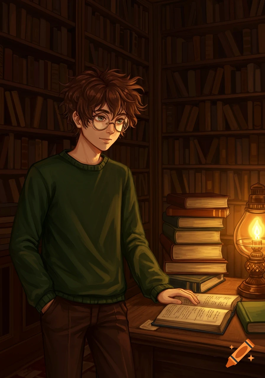 Anime boy with messy brown hair and glasses reads a book by lantern light in a dimly lit library.