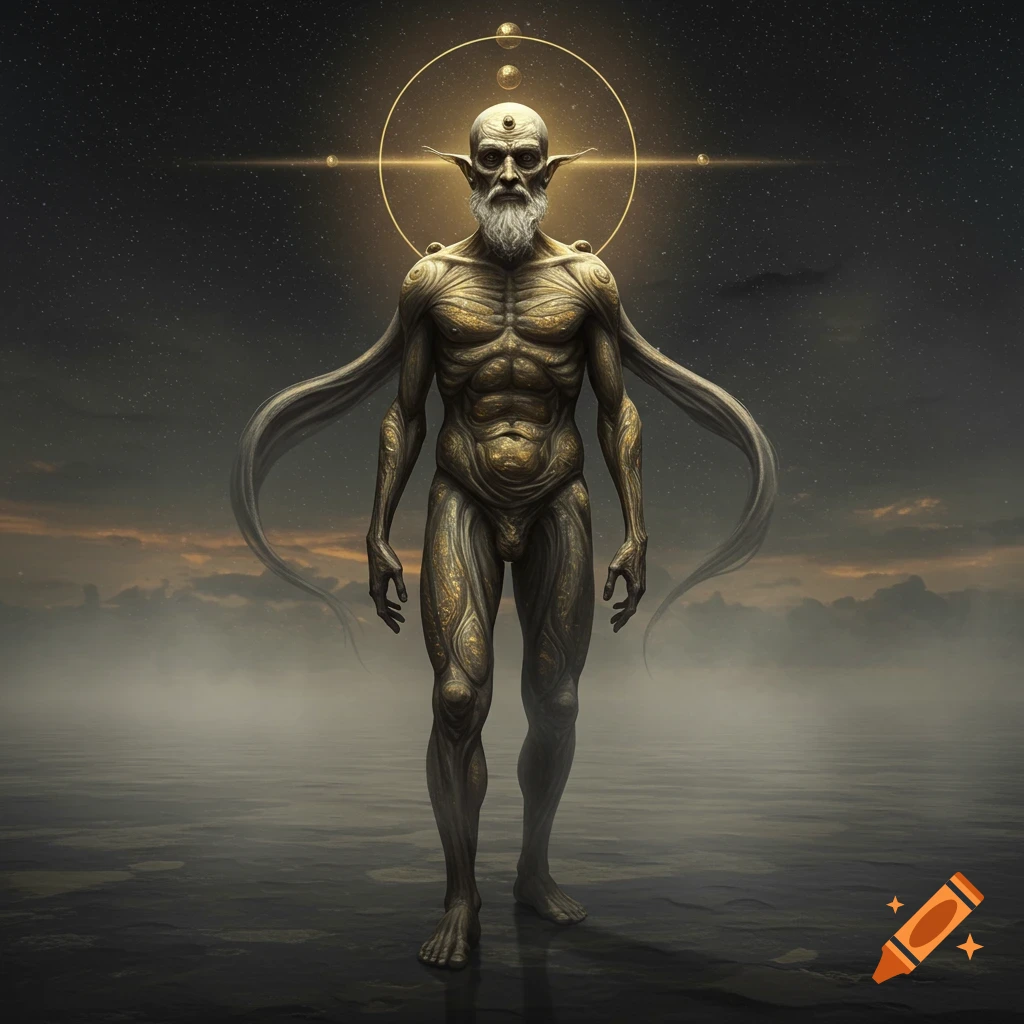 A gold-skinned, emaciated, bearded humanoid with pointed ears and long tendrils, standing under a starry sky with a glowing halo.