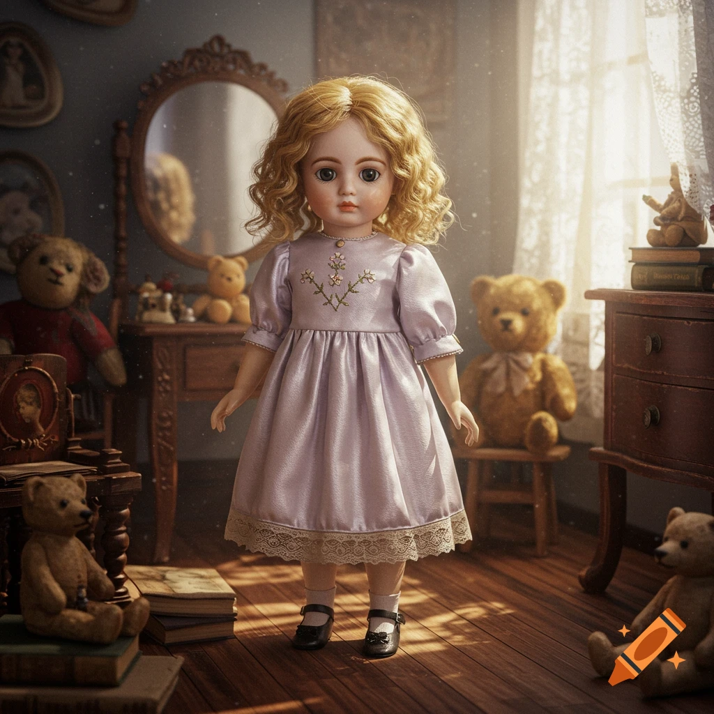A vintage porcelain doll with blonde curly hair and a purple dress stands in an old-fashioned room filled with teddy bears and antique furniture, sunlit.