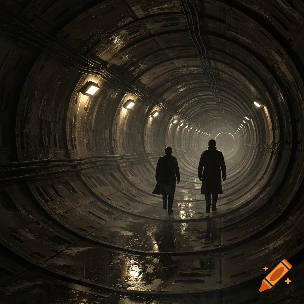 Two silhouetted figures walk down a long, wet, illuminated dark tunnel, with light at the far end.
