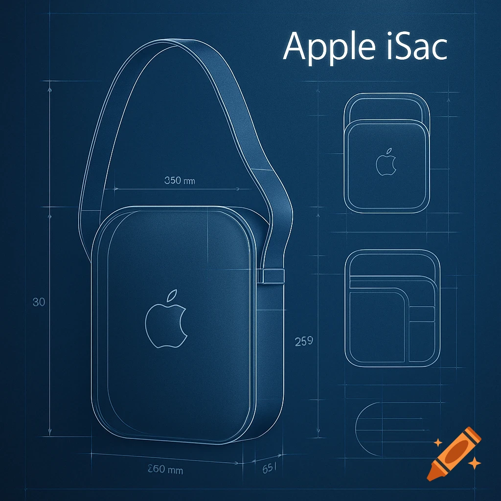 Blueprint of a black Apple iSac shoulder bag with dimensions on a dark blue background.