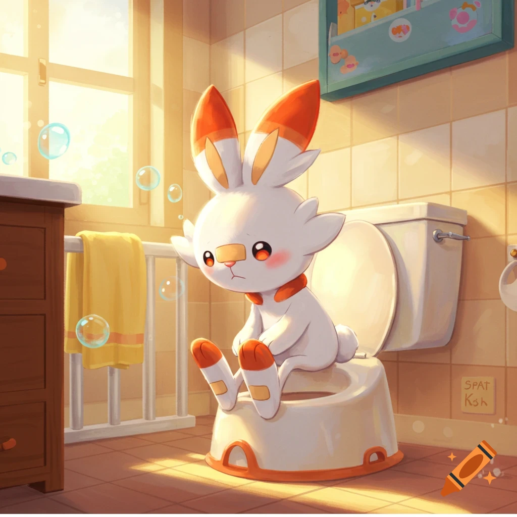 A cute, anime-style Scorbunny Pokémon sitting on a potty training seat in a sunny bathroom with floating bubbles.