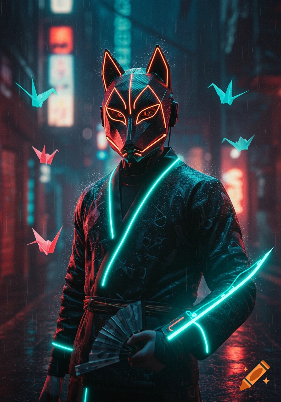 A cyberpunk character in a glowing fox mask and kimono holds a fan/blade in a neon-lit, rainy city alley with origami cranes.