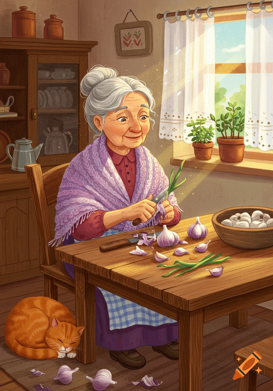 Charming children's book illustration of an old woman peeling garlic at a kitchen table with a sleeping orange cat.