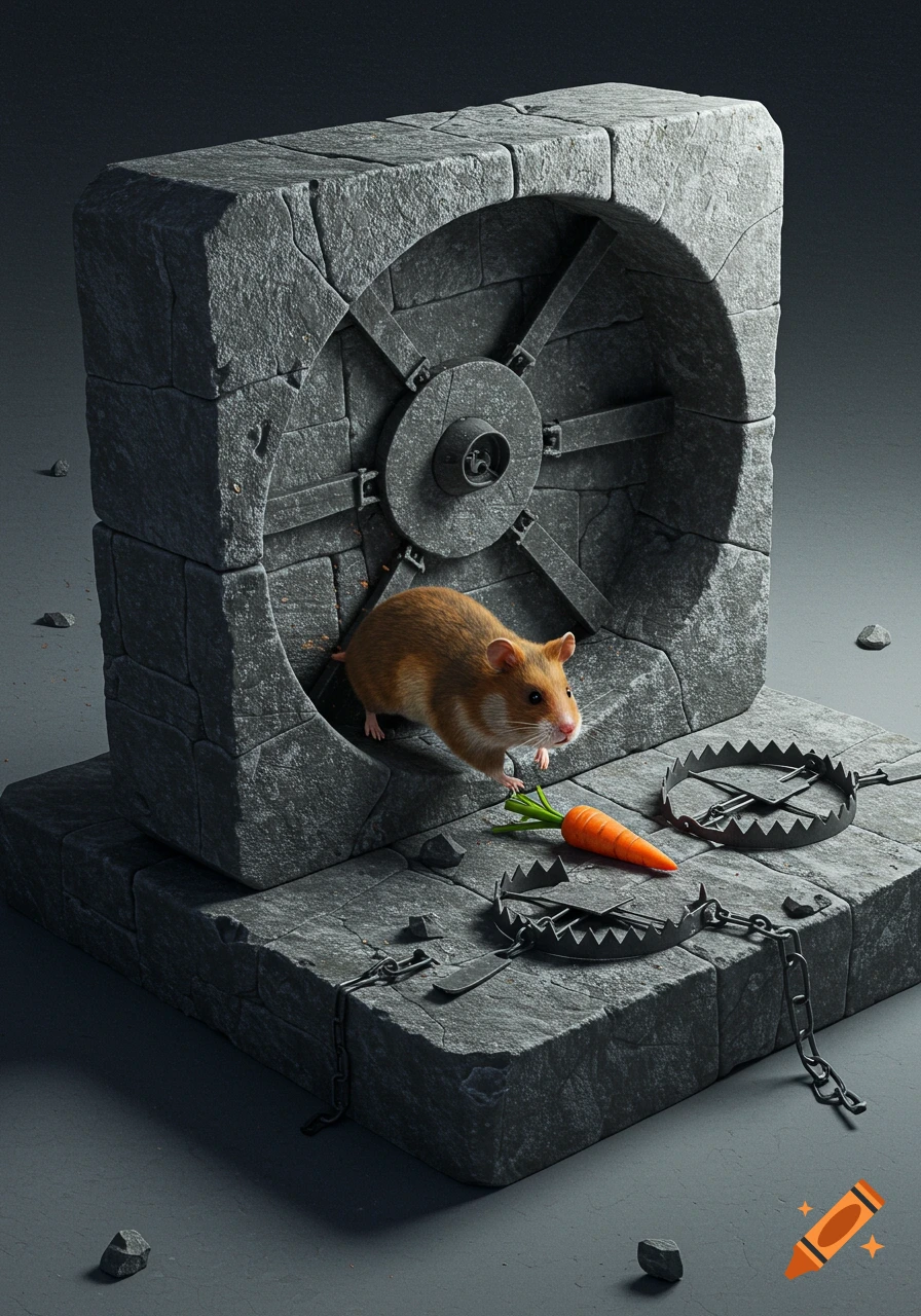 A hamster emerges from a square stone wheel, approaching a tiny carrot surrounded by steel traps on a dark stone platform.