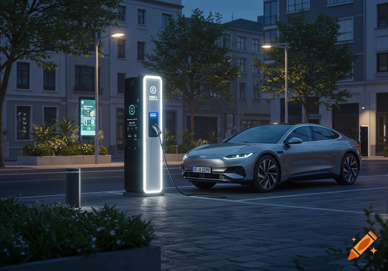 A sleek silver electric car charges at a glowing station on a city street at night, with buildings and trees in the background.