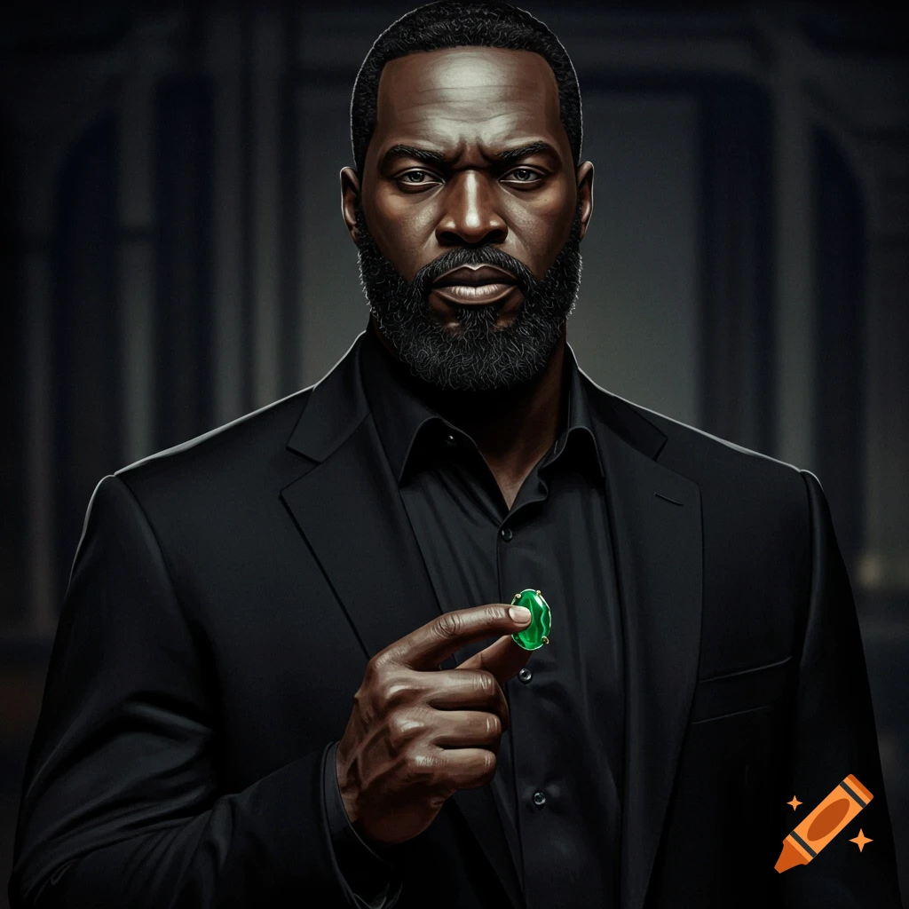 A serious-looking man with a black beard in a black suit holds a luminous green oval gem between his fingers.