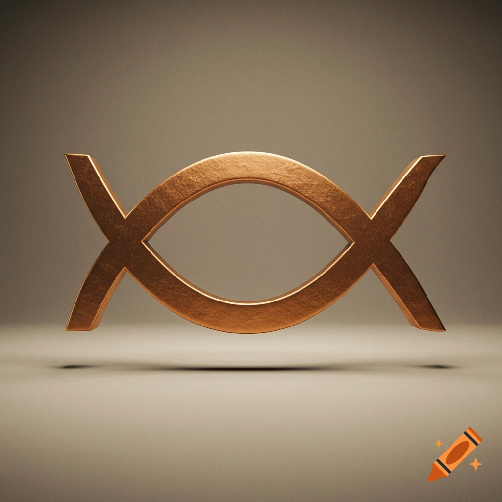 A shiny, textured copper Christian fish symbol (Ichthys) floating above a muted beige surface.