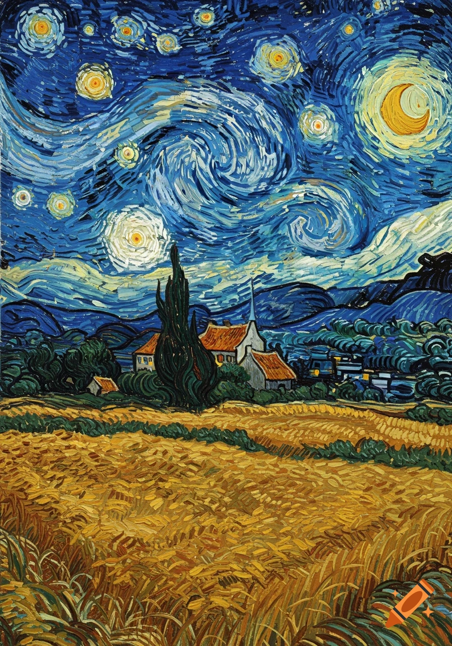 Impressionistic painting of a starry night over a village with a tall cypress tree and golden wheat fields, in Van Gogh's style.