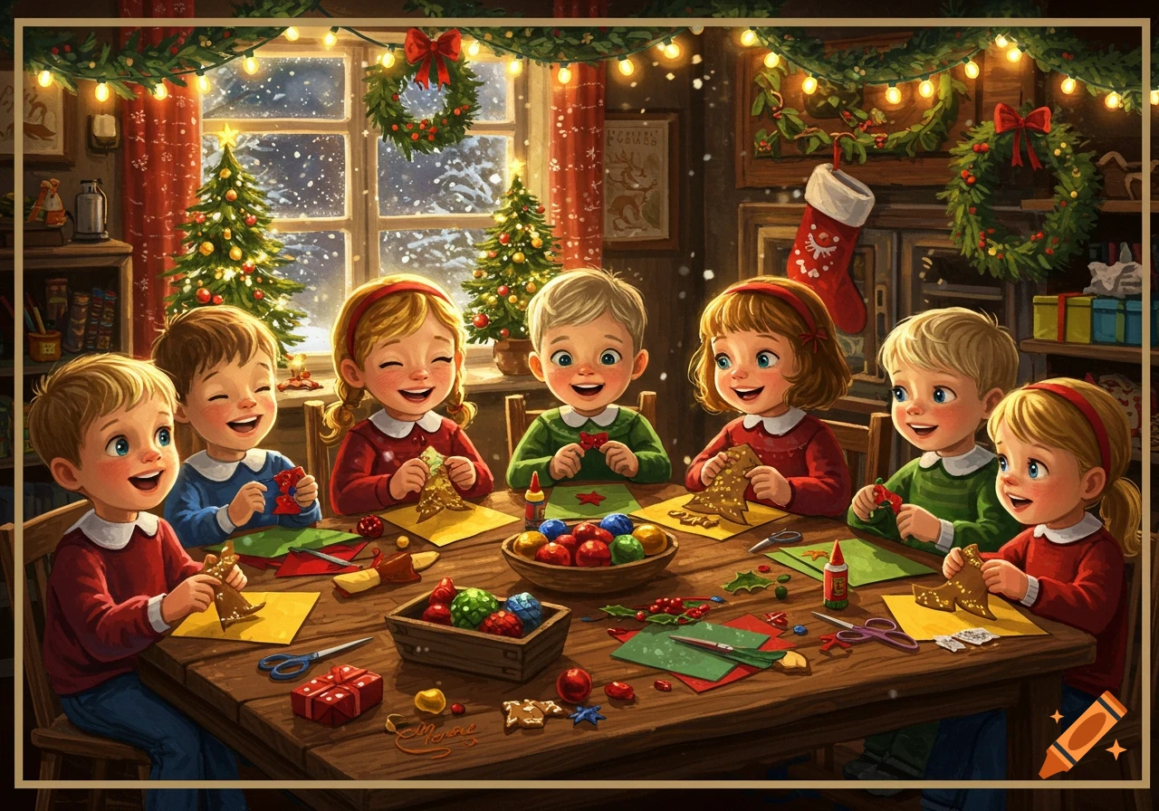 Six happy children craft Christmas decorations in a cozy, festive room with snow falling outside, in an illustrated style.