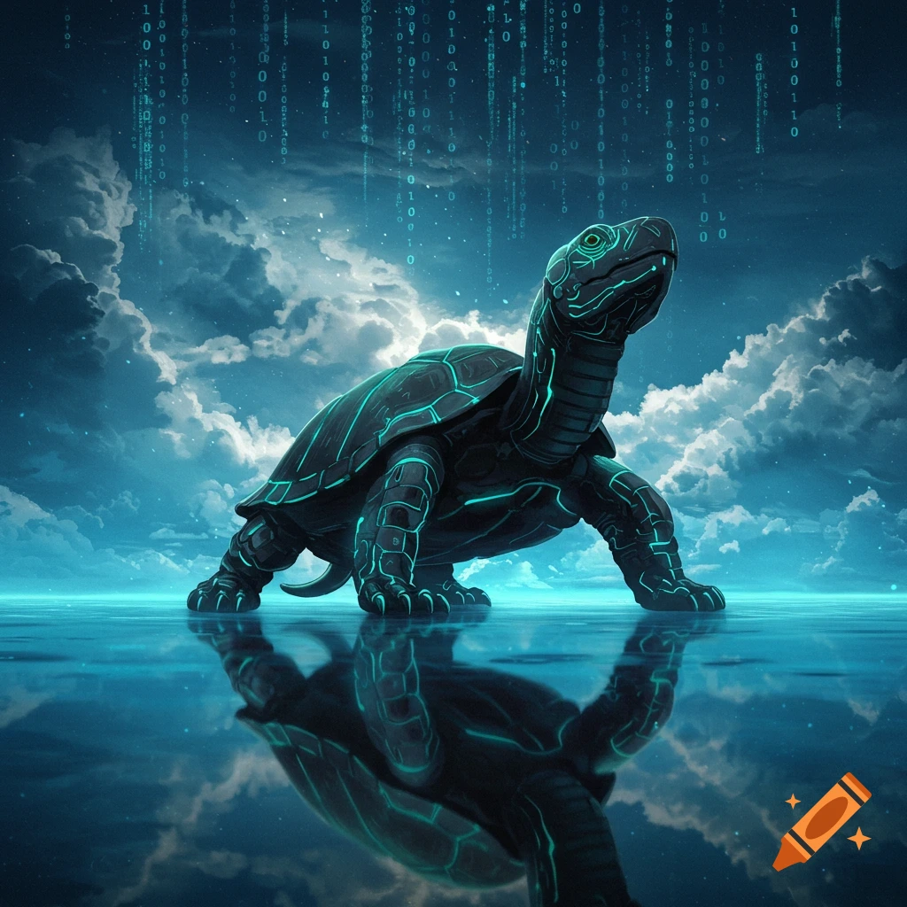 A glowing, futuristic black turtle stands on reflective water under a sky with digital binary rain and clouds.