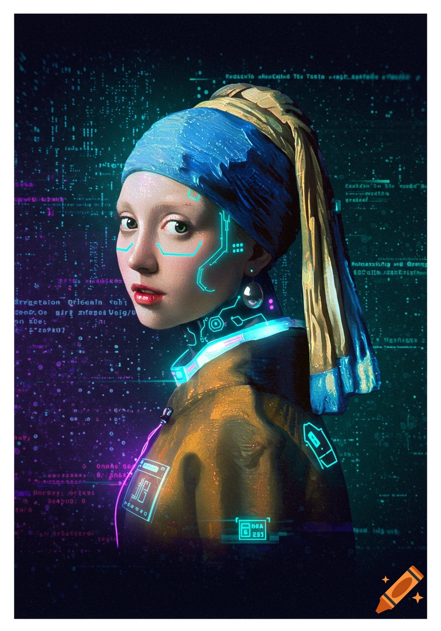 A cyberpunk reinterpretation of Vermeer's Girl with a Pearl Earring, featuring glowing circuit lines on her face and neck against a dark background of digital code.