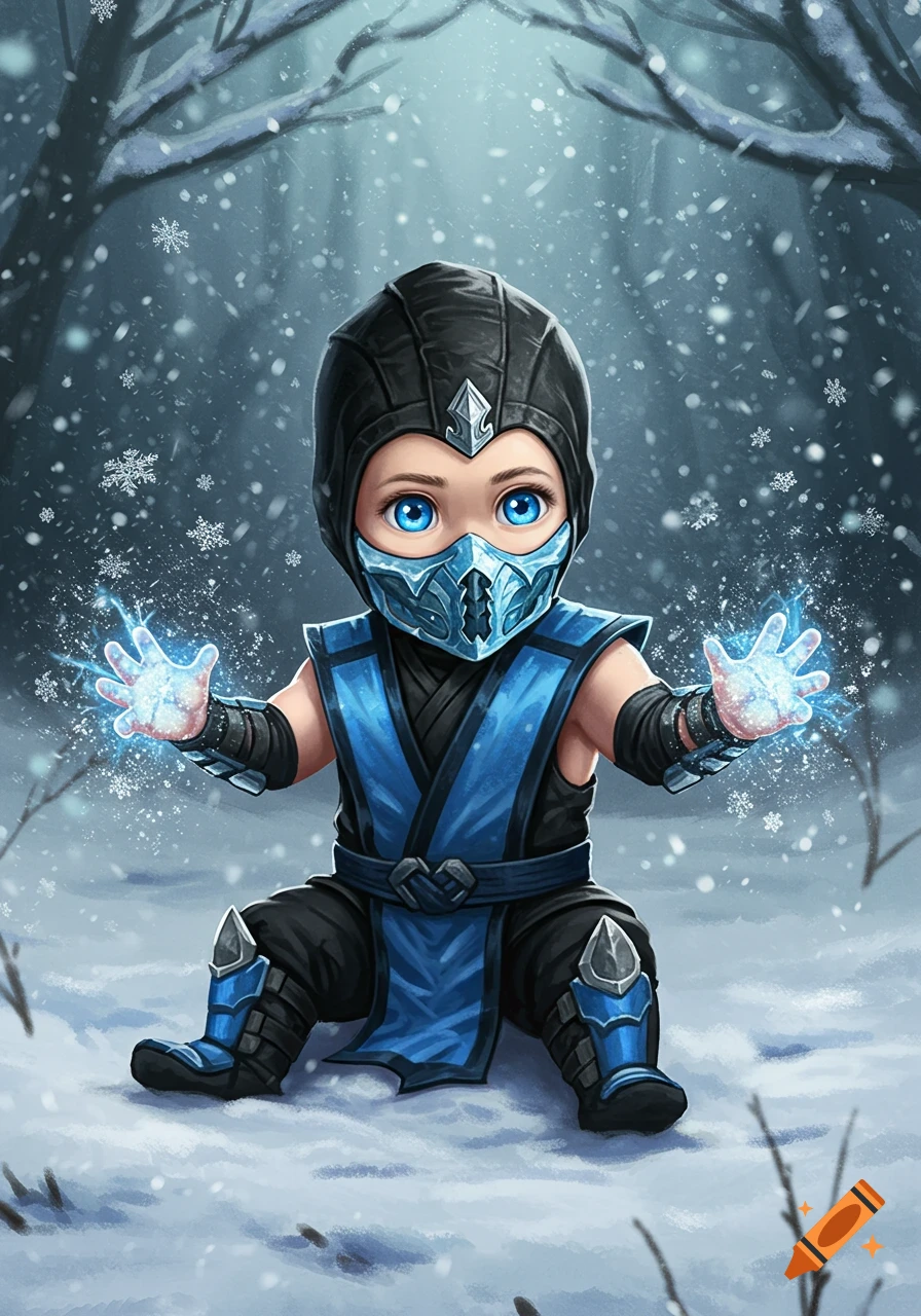 A cute baby Sub-Zero character with bright blue eyes and a face mask sits in a snowy forest, conjuring ice magic in its hands.