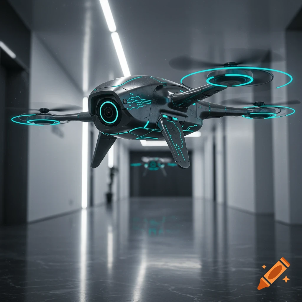 A sleek, black futuristic security drone with glowing blue accents flying down a modern, dimly lit hallway.