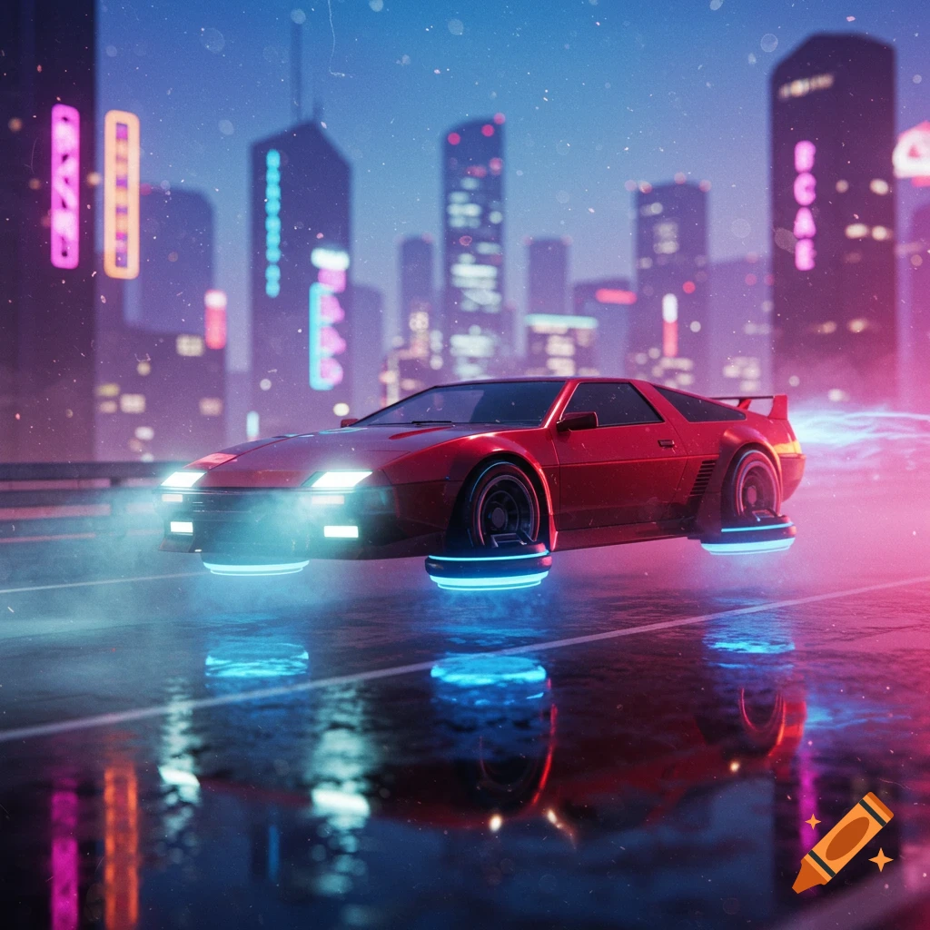 A red futuristic flying car hovers over a wet street in a vibrant, neon-lit cyberpunk city.