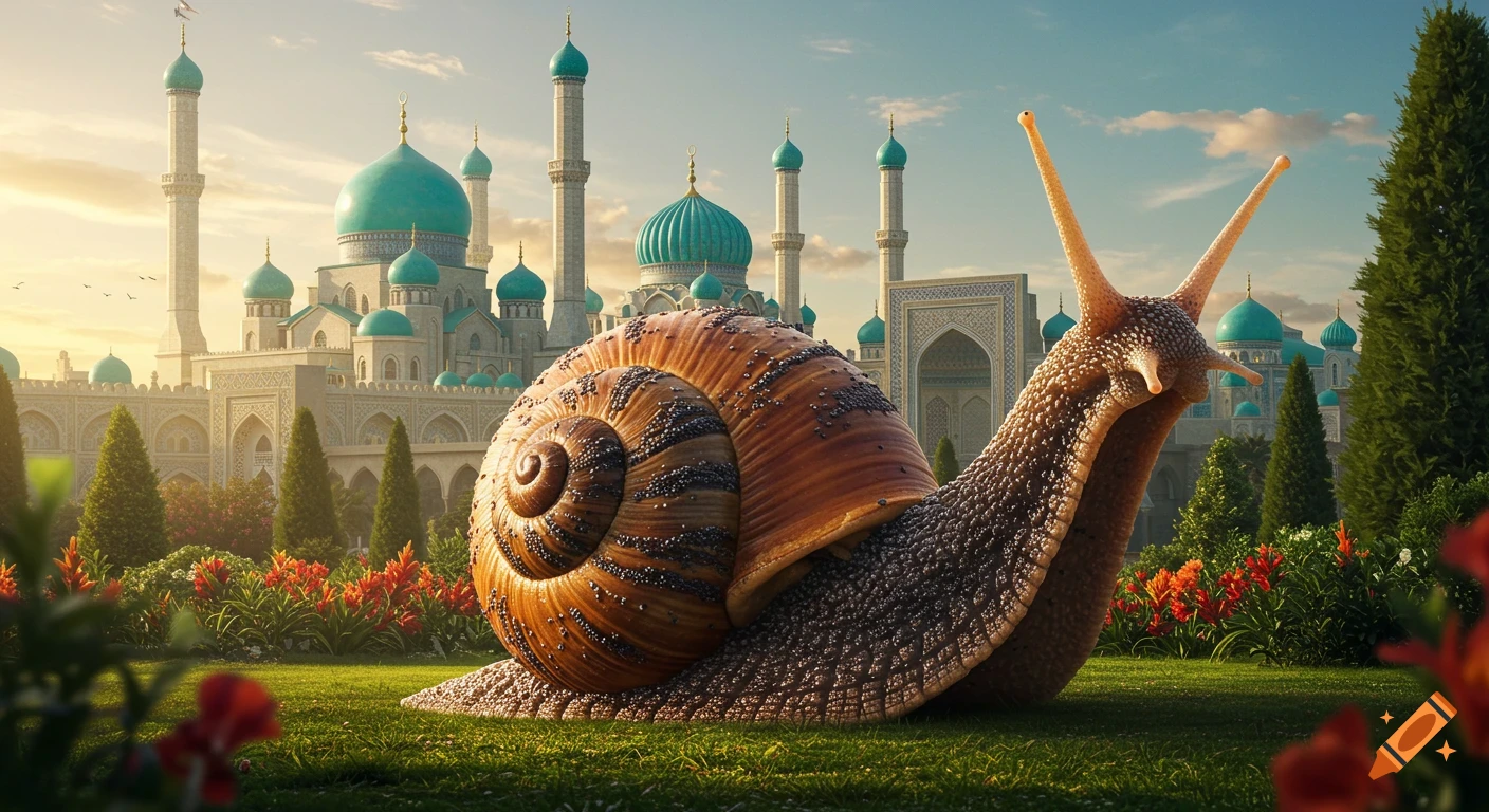 A gigantic snail with a poppy seed shell in an opulent oriental garden with turquoise mosques at sunset, fantasy illustration.