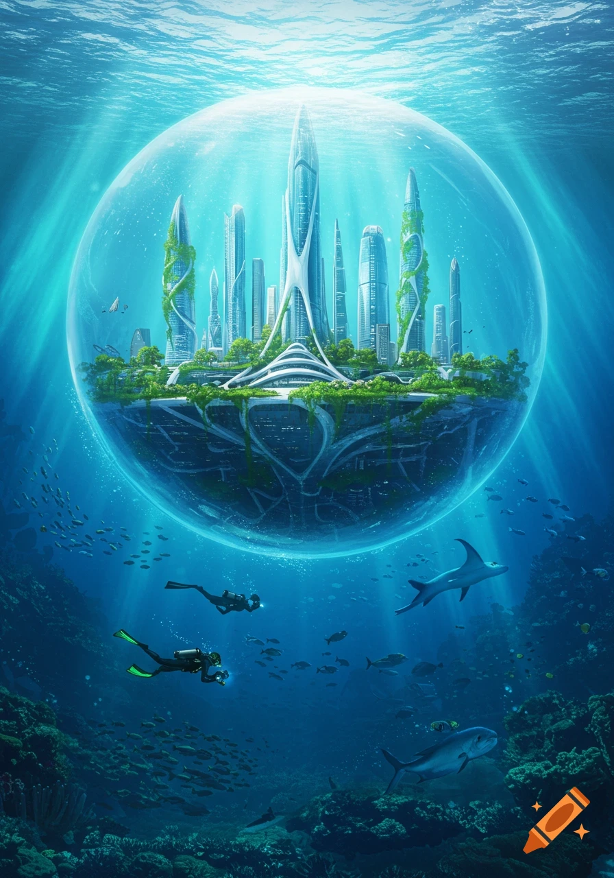 A futuristic city enclosed in a clear bubble underwater, surrounded by divers, coral reefs, fish, and sharks, bathed in sunlight.