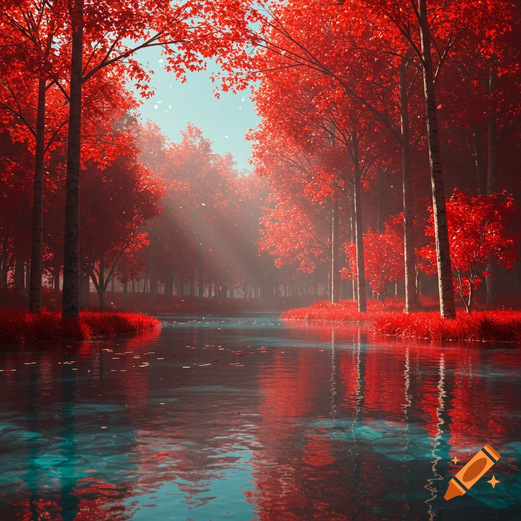 Vibrant forest with red-leafed trees lining a clear, reflective lake, illuminated by sunbeams through the mist.