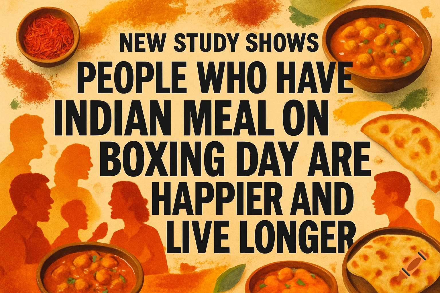 A news headline reads 'New study shows people who have Indian meal on Boxing day are happier and live longer' on a yellow background with bowls of curry, naan bread, and silhouettes of people.
