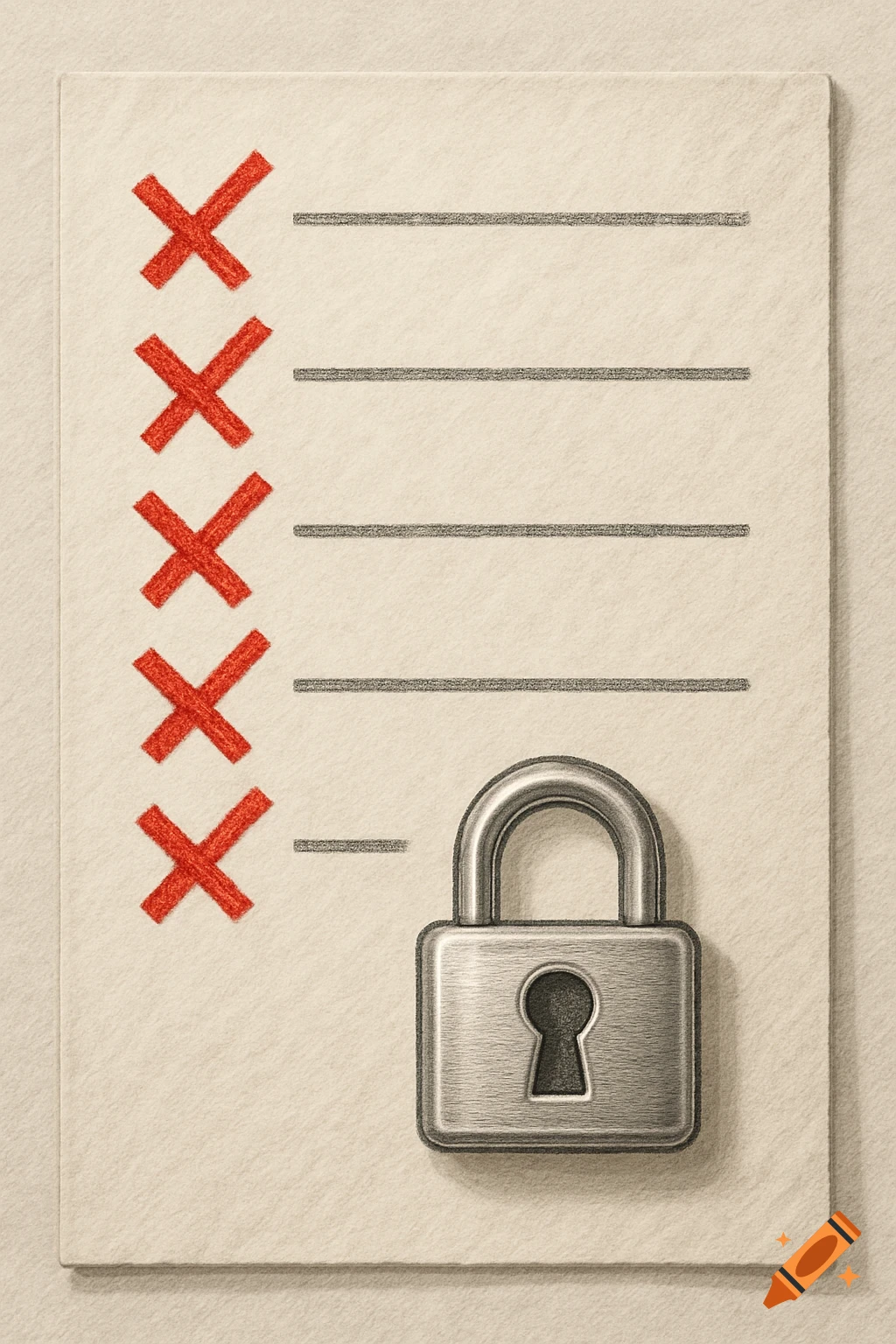Pencil drawing of a checklist on paper with five red X marks and a silver padlock.
