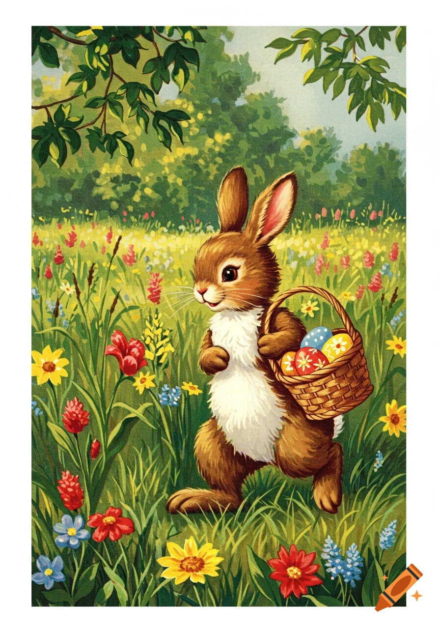 A brown Easter bunny with a basket of colorful eggs walks through a blooming meadow, 1950s illustration style.