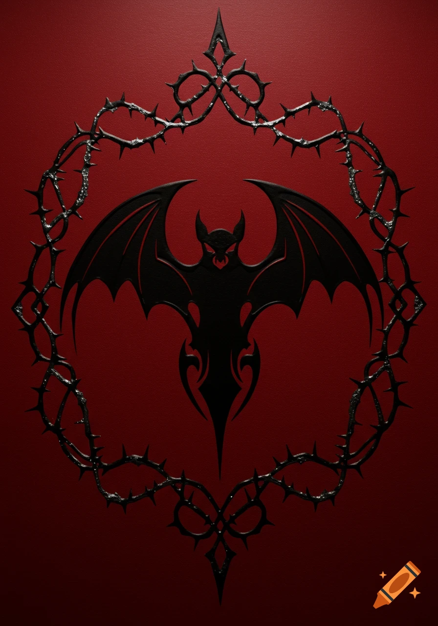 A stylized black bat emblem with tribal details, framed by a thorny wreath on a dark red gothic background.