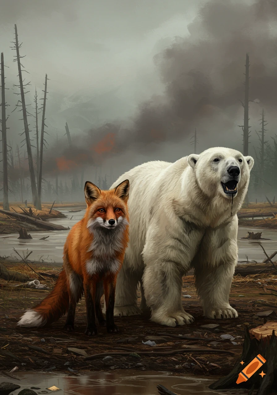 A red fox and a polar bear stand in a desolate, polluted landscape with bare trees, dirty water, and smoke in the background.