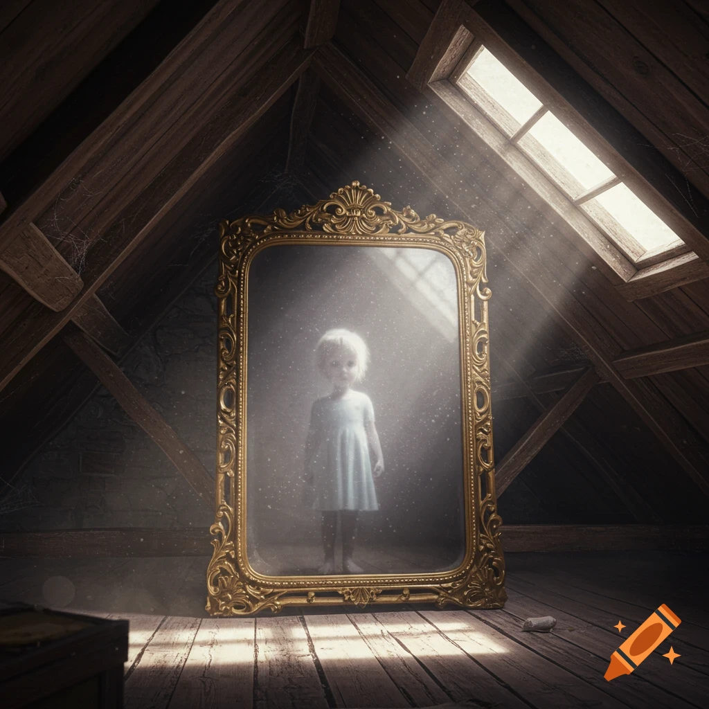 A ghostly child reflected in an ornate gold mirror in a dusty attic, with light rays shining from a skylight.