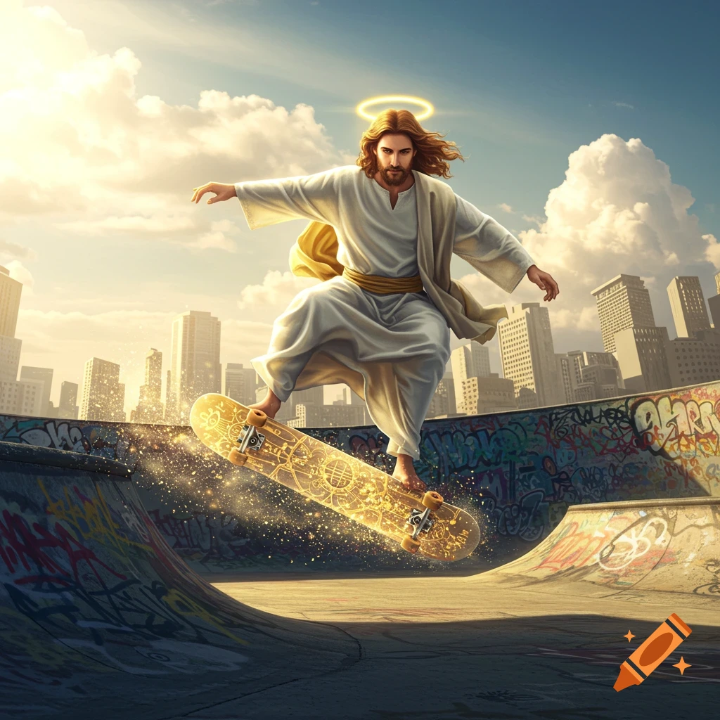 Jesus, with a halo, performs a trick on a glowing skateboard in an urban skate park with a city skyline in the background.