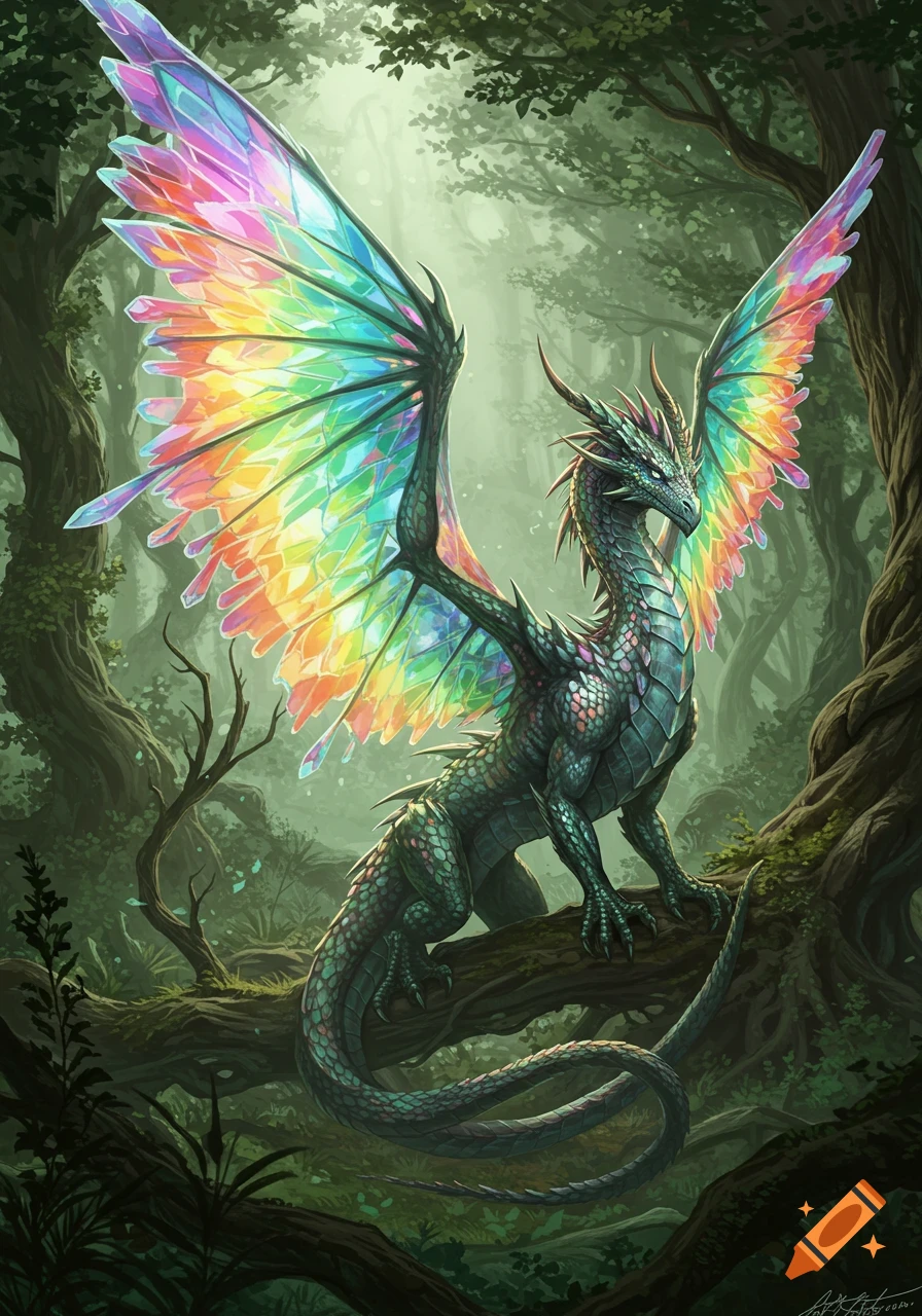 A majestic dragon with shimmering rainbow crystalline wings perches on a tree branch in a lush, mystical forest.