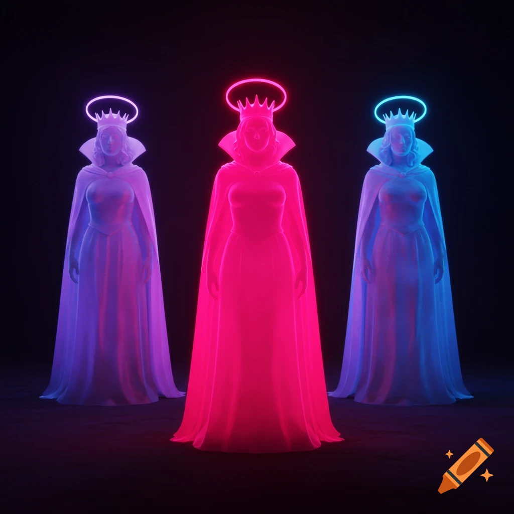 Three glowing, stylized queens in pink, purple, and blue robes with crowns and halos stand on a dark background in digital art style.