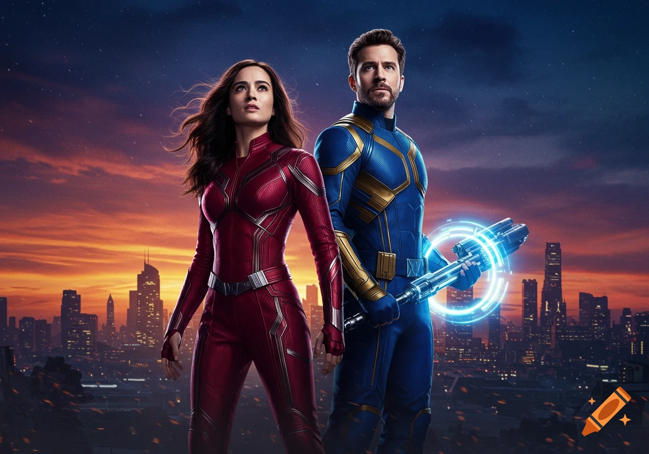 A man and a woman in superhero suits stand before a cityscape at twilight. The man holds a glowing futuristic weapon.