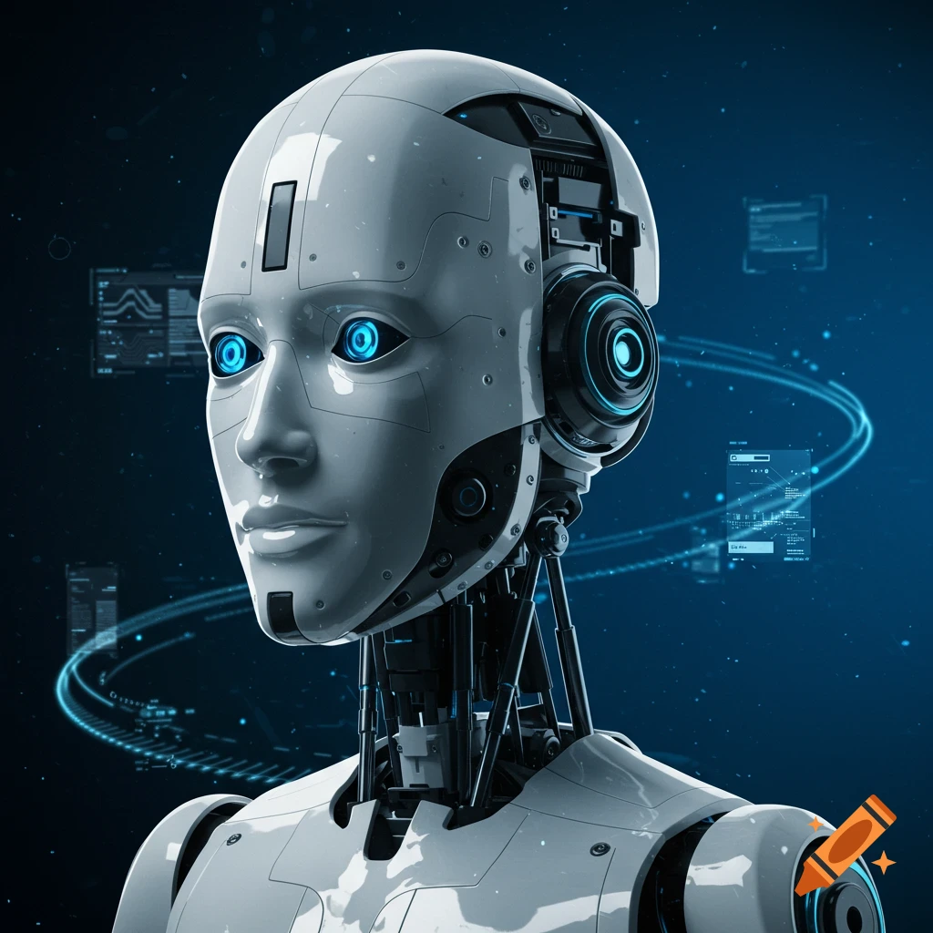 Close-up of a futuristic white robot's head and upper torso with glowing blue eyes, against a dark blue background with abstract digital elements.