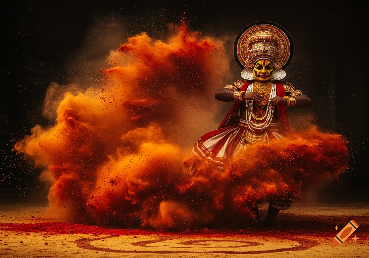 A vibrant Theyyam performer in elaborate red and gold costume with yellow face paint, surrounded by an explosion of orange and red powder against a dark background.