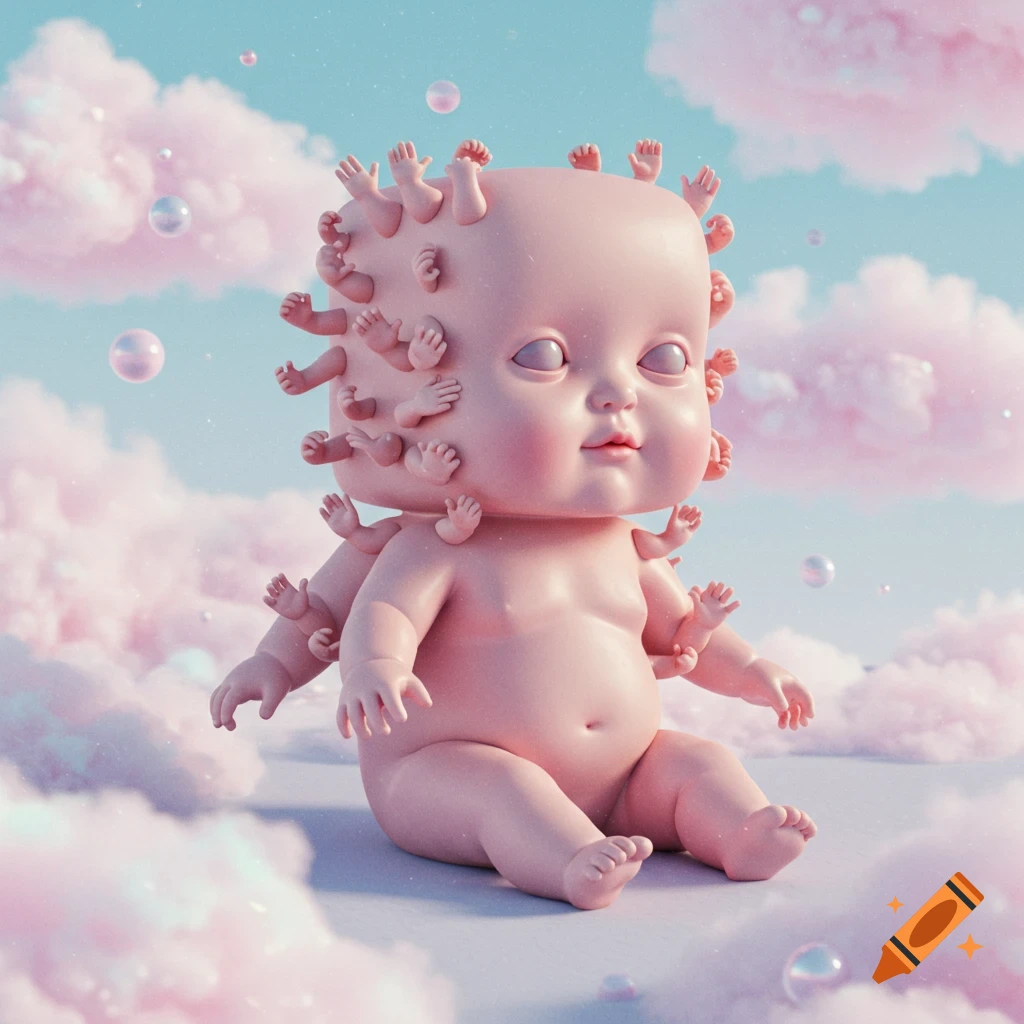 A pink, stylized baby doll with many tiny hands covering its head and body, sitting among pink clouds and bubbles under a blue sky.