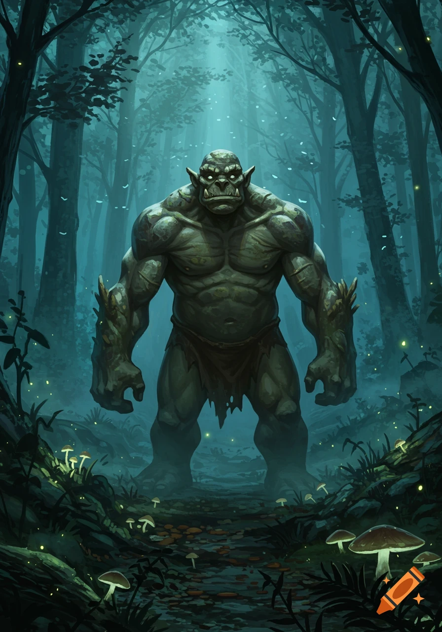 A muscular green ogre stands menacingly in a dark, misty forest with glowing mushrooms and light beams, in a fantasy art style.