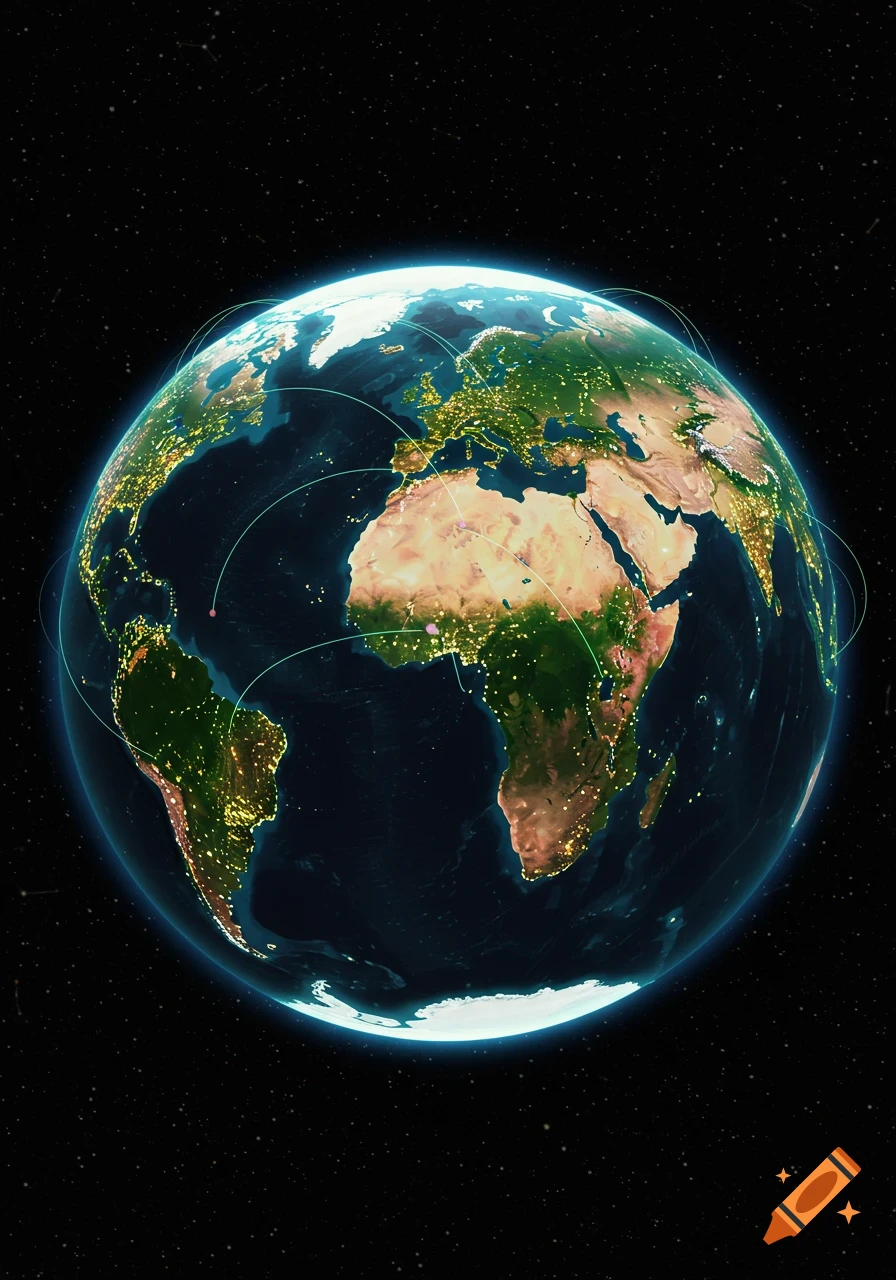 A vibrant 3D rendering of Earth at night from space, showing continents with bright city lights and glowing network connections.